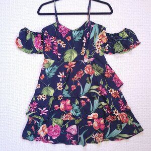 Navy blue and floral flowy mini dress